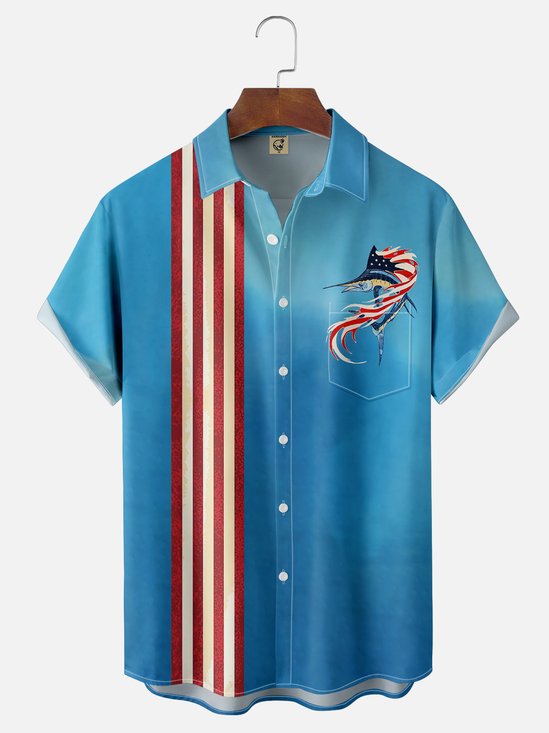 Moisture-wicking American Flag Day Swordfish Chest Pocket Bowling Shirt