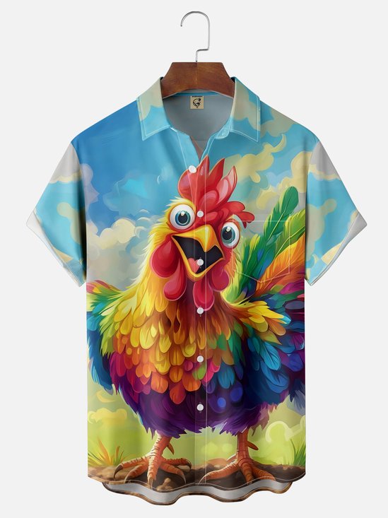 Moisture-wicking Funky Happy Chicken Chest Pocket Hawaiian Shirt
