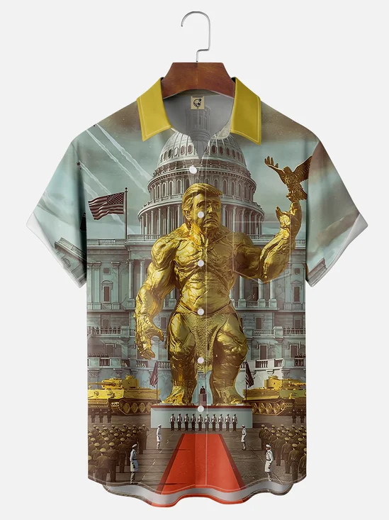 Moisture-wicking Trump Golden Body Art Fun Chest Pocket Hawaiian Shirt