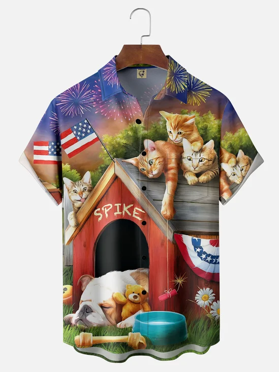 Moisture-wicking Independence Day American Flag Animals Fireworks Chest Pocket Casual Shirt