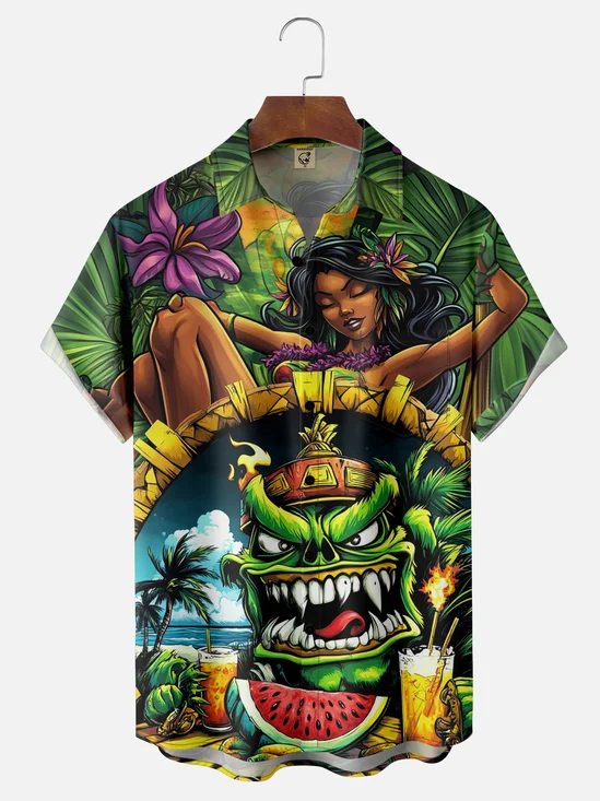 Moisture-wicking Tropical Hula Girl Tiki Chest Pocket Hawaiian Shirt