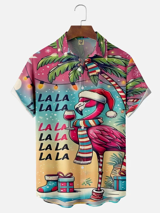 Moisture Wicking Christmas Flamingo Chest Pocket Hawaiian Shirt