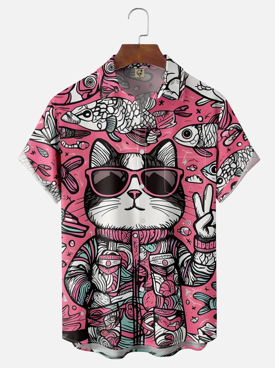 Moisture-wicking Cats and Fishes Chest Pocket Hawaiian Shirt