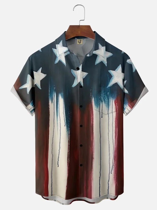 Moisture-wicking American Flag Art Independence Day Chest Pocket Casual Shirt