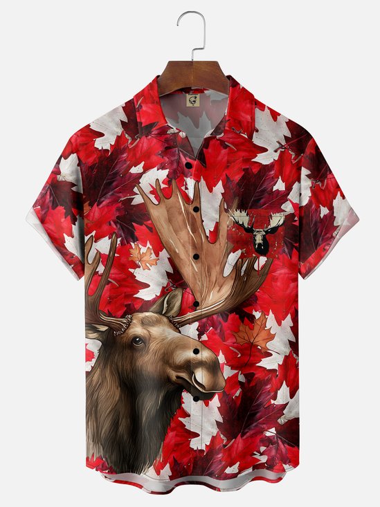 Moisture-wicking Canada Day Maple Leaf Reindeer Chest Pocket Casual Shirt