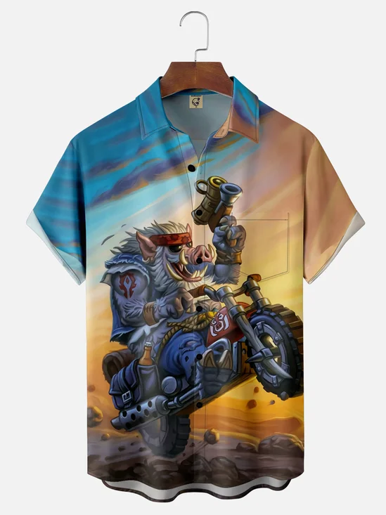 Moisture-wicking Wild Boar Motorcycle Gradient Color Chest Pocket Casual Shirt