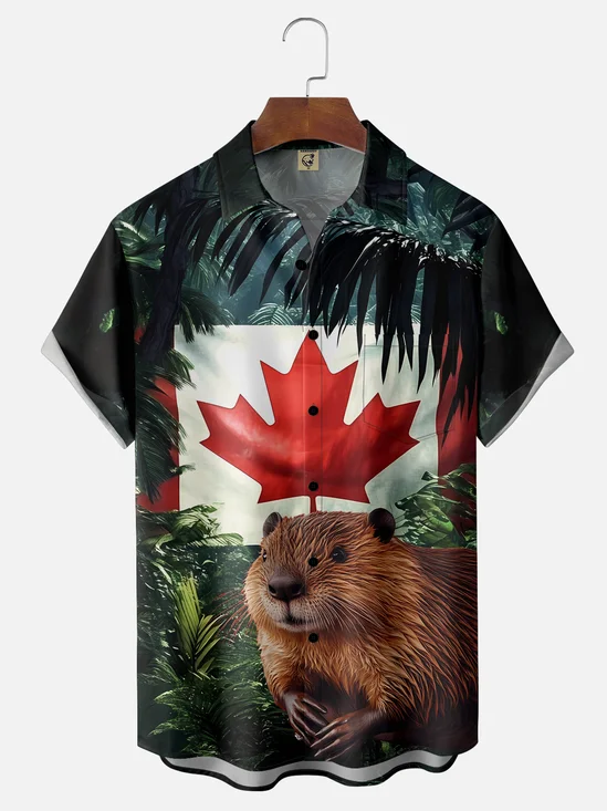 Moisture-wicking Canada Day Maple Beaver Chest Pocket Casual Shirt