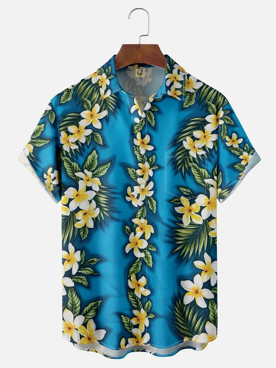 Moisture Wicking Tropical Floral Chest Pocket Hawaiian Shirt