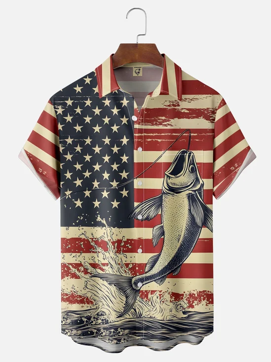 Moisture-wicking American Flag Fishing Chest Pocket Casual Shirt