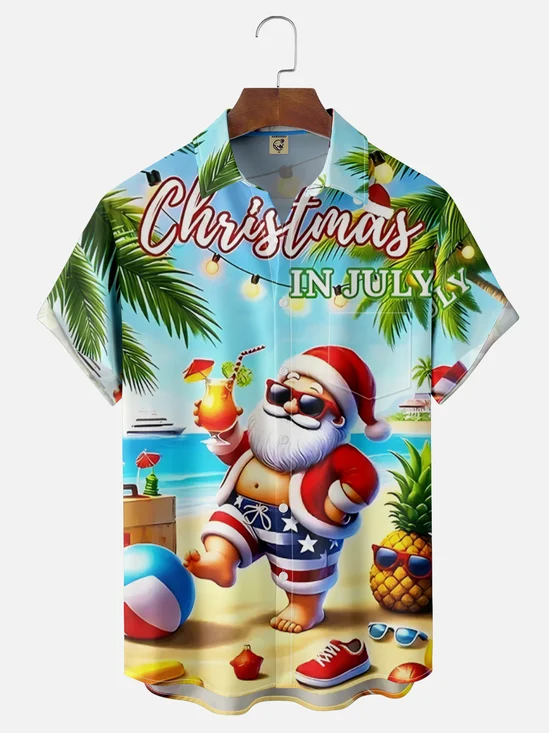 Moisture Wicking Christmas in July Santa Chest Pocket Hawaiian Shirt