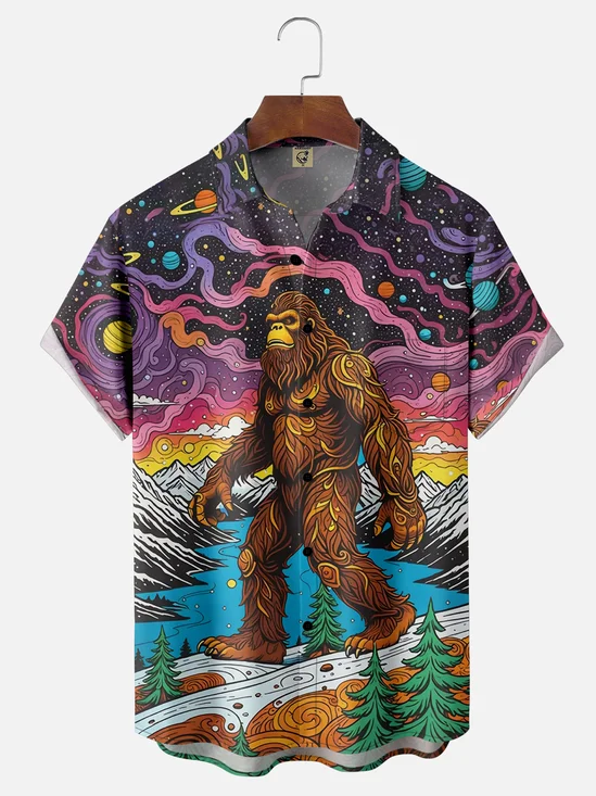 Moisture-wicking Bigfoot Universe Planet Chest Pocket Casual Shirt
