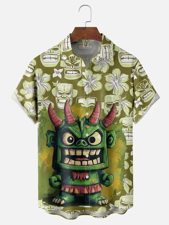 Moisture-wicking Tiki Chest Pocket Hawaiian Shirt