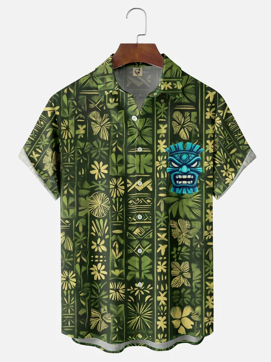 Moisture-wicking Tiki Chest Pocket Hawaiian Shirt