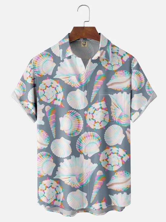 Moisture-wicking Shell Rainbow Pattern Chest Pocket Hawaiian Shirt