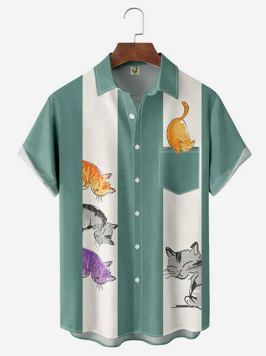 Moisture-wicking Breathable Cats Chest Pocket Bowling Shirt