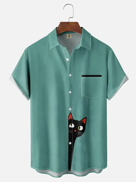 Moisture-wicking Black Cat Chest Pocket Casual Shirt