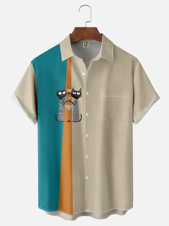 Moisture-wicking Mid-century Geomatric Cats Chest Pocket Casual Shirt