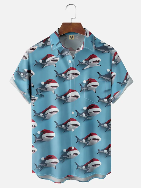 Moisture-wicking Christmas Shark Chest Pocket Casual Shirt
