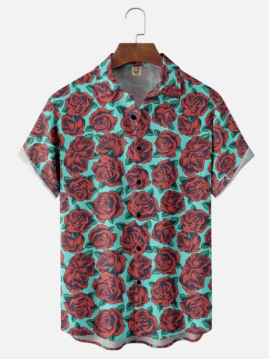 Moisture-wicking Rock Punk Rose Chest Pocket Casual Shirt