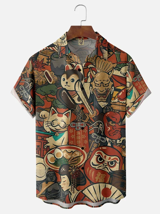 Moisture-wicking Vintage Japanese Art Chest Pocket Casual Shirt