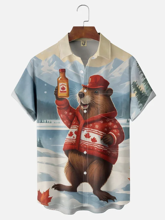 Moisture-wicking Canada Day Beaver Maple Leaf Chest Pocket Casual Shirt