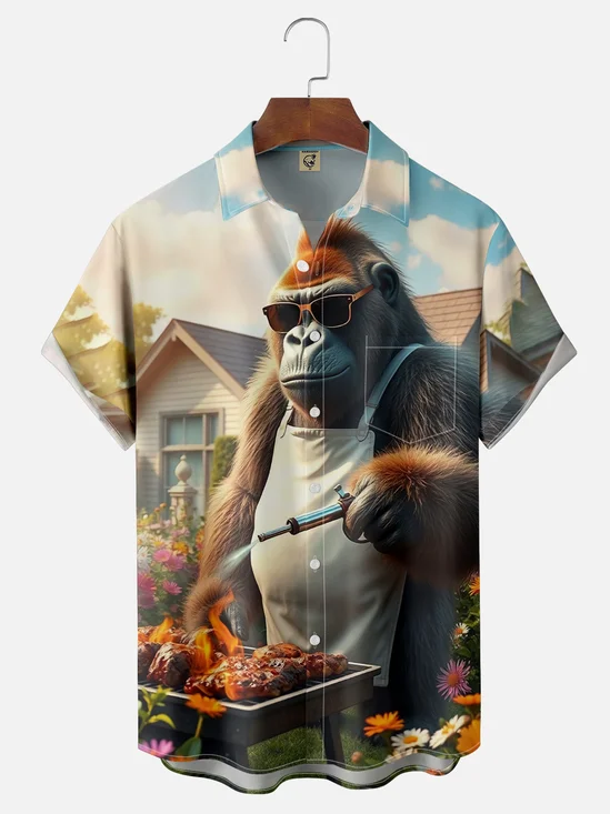 Moisture-wicking Gorilla BBQ Party Chest Pocket Casual Shirt