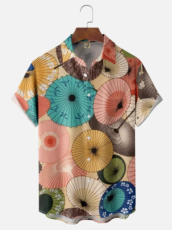 Moisture-wicking Vintage Japanese Umbrella Art Chest Pocket Casual Shirt