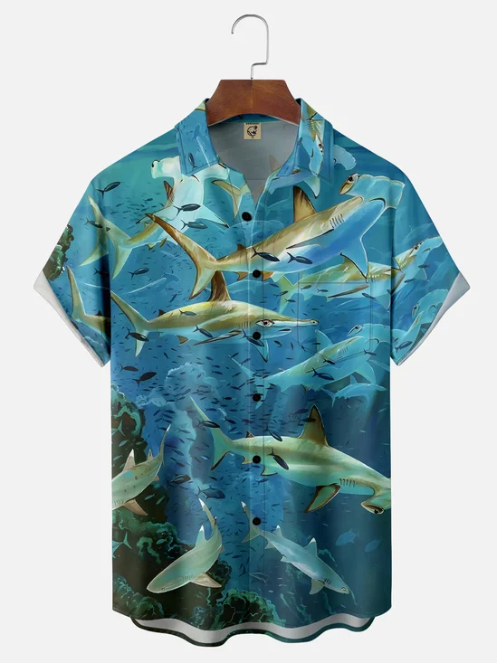 Moisture-wicking Hammerhead Shark Ocean Chest Pocket Casual Shirt