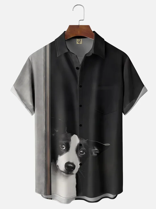 Moisture Wicking Striped Dog Chest Pocket Hawaiian Shirt