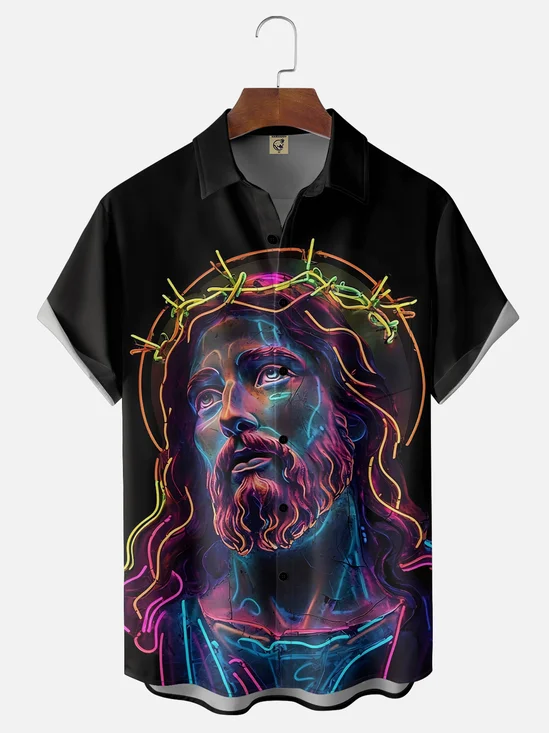 Moisture-wicking Religious Jesus Art Chest Pocket Casual Shirt