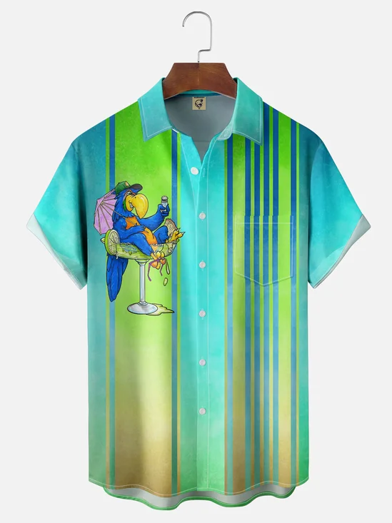 Moisture Wicking Gradient Stripes Parrot Chest Pocket Hawaiian Shirt