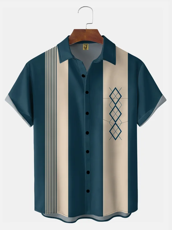 Big Size Moisture-wicking Geomatric Chest Pocket Bowling Shirt