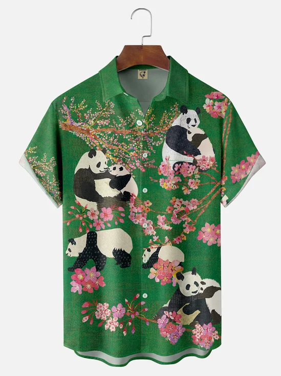 Moisture-wicking Sakura Panda Chest Pocket Hawaiian Shirt