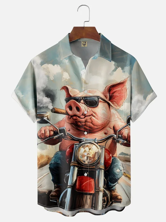 Moisture-wicking Pig Motorcycle Chest Pocket Casual Shirt