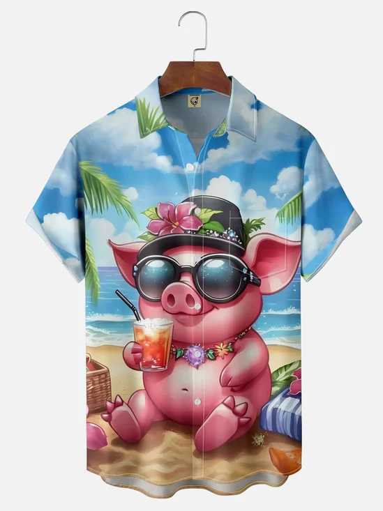 Moisture-wicking Piggy on Vacation Chest Pocket Hawaiian Shirt