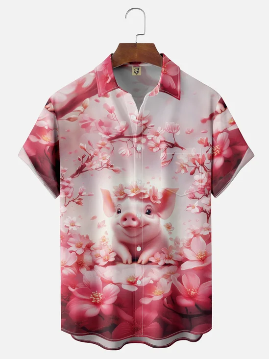 Moisture-wicking Sakura Pig Chest Pocket Hawaiian Shirt