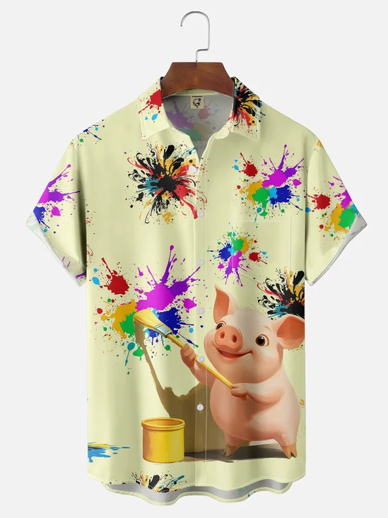 Moisture-wicking Piggy Drawing Chest Pocket Casual Shirt
