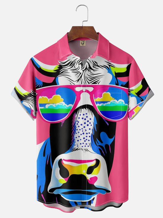 Moisture-wicking Cow Pattern Chest Pocket Hawaiian Shirt