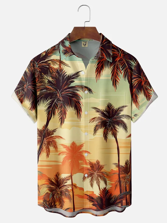 Moisture-wicking Palm Tree Chest Pocket Hawaiian Shirt