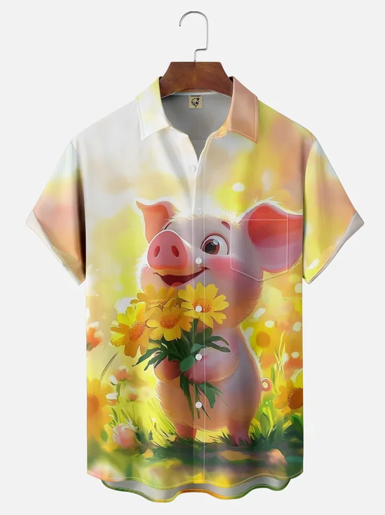 Moisture-wicking Piggy Sunflower Chest Pocket Hawaiian Shirt