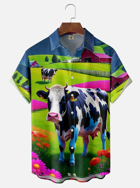 Moisture-wicking Cow Chest Pocket Hawaiian Shirt