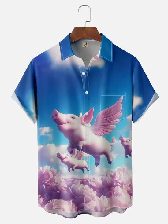 Moisture-wicking Flying Pigs Chest Pocket Casual Shirt