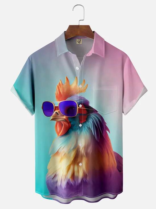 Moisture-wicking Gradient Color Chicken On Vacation Chest Pocket Casual Shirt