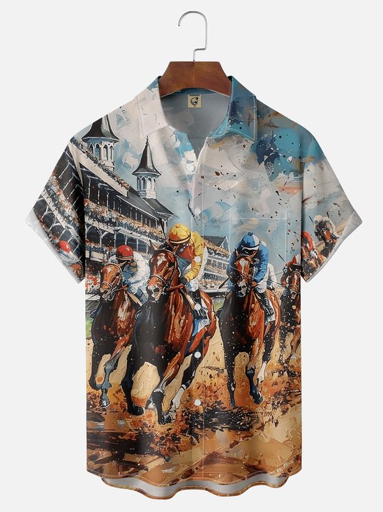 Tall Size Moisture-wicking Horse Racing Festival Art Oil Painting Chest Pocket Casual Shirt