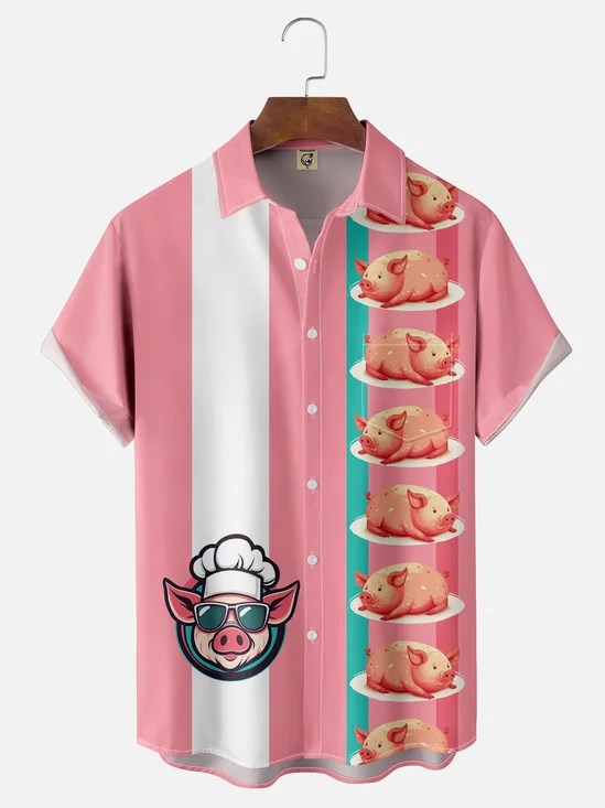 Moisture-wicking BBQ Chef Pig Chest Pocket Bowling Shirt