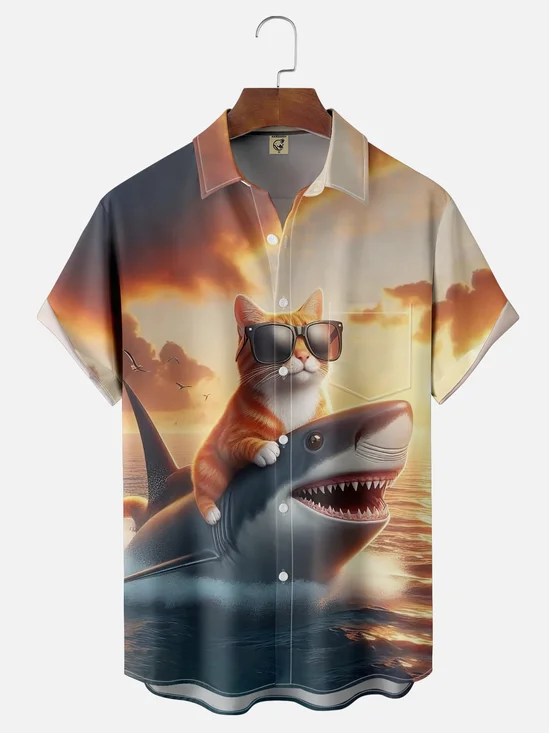 Moisture-wicking Cat Shark Chest Pocket Hawaiian Shirt