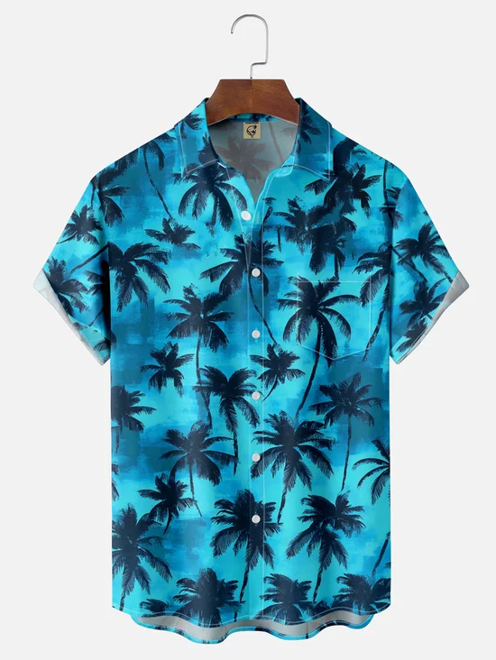Tall Size Moisture-wicking Palm Tree Chest Pocket Hawaiian Shirt