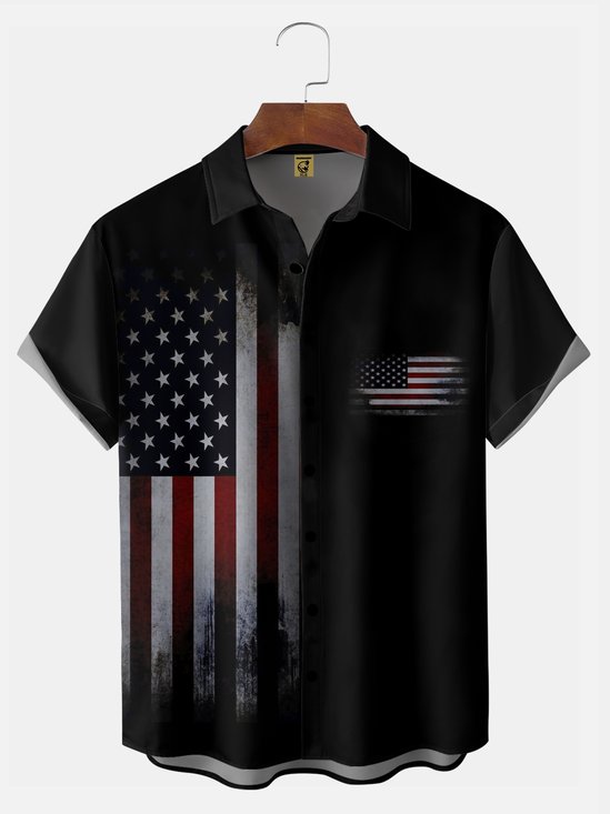 Big Size Moisture-wicking American Flag Chest Pocket Bowling Shirt