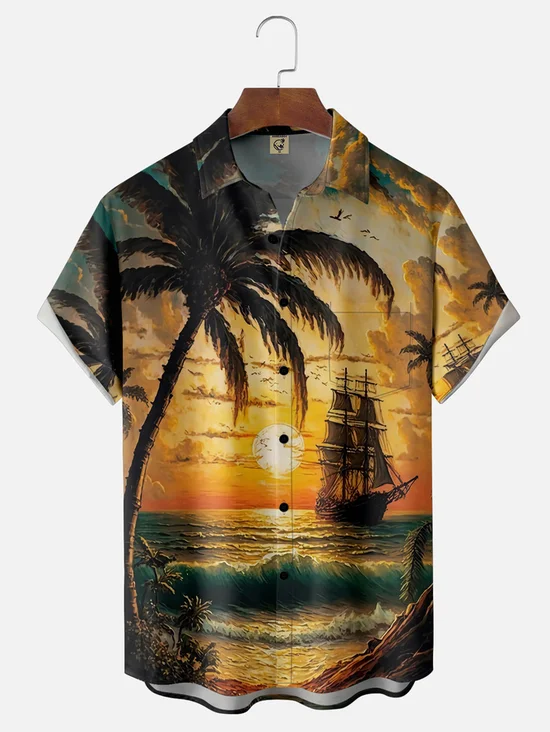 Tall Size Moisture-wicking Palm Tree Sailing Boat Chest Pocket Hawaiian Shirt