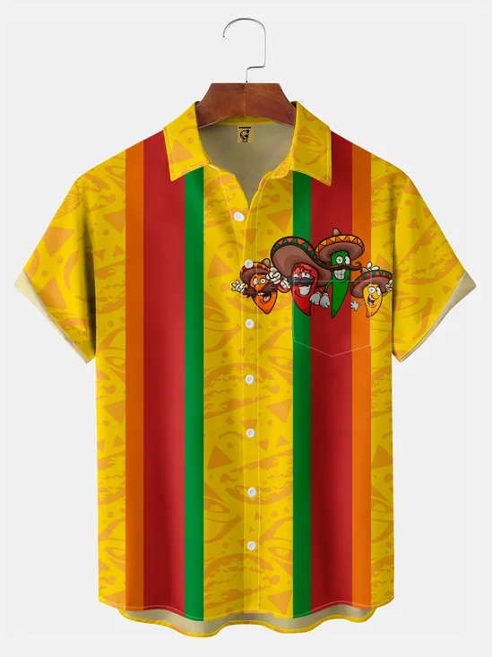 Big Size Moisture-wicking Cinco de Mayo Chili Chest Pocket Bowling Shirt